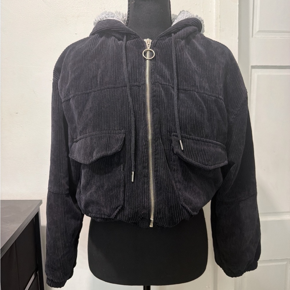 Women’s Black Corduroy Hooded Zip Jacket